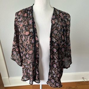 Forever 21 Black Floral Patterned Chiffon Cardigan Blouse